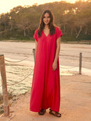 Linen Blend V-Neck Maxi Swing Dress