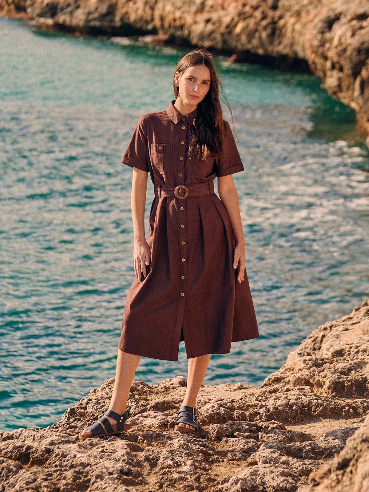 Cotton Belted Safari Midi Shirt Dress