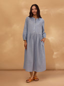 Cotton Collarless Half-Placket Midi Dress
