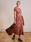 Linen Blend Pleated Waist Midi Dress