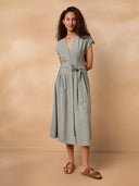 Linen Blend Pleated Waist Midi Dress