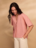 Linen Blend Dipped Hem Top