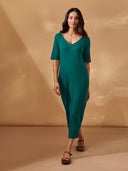 Linen Blend V-Neck Midi Dress