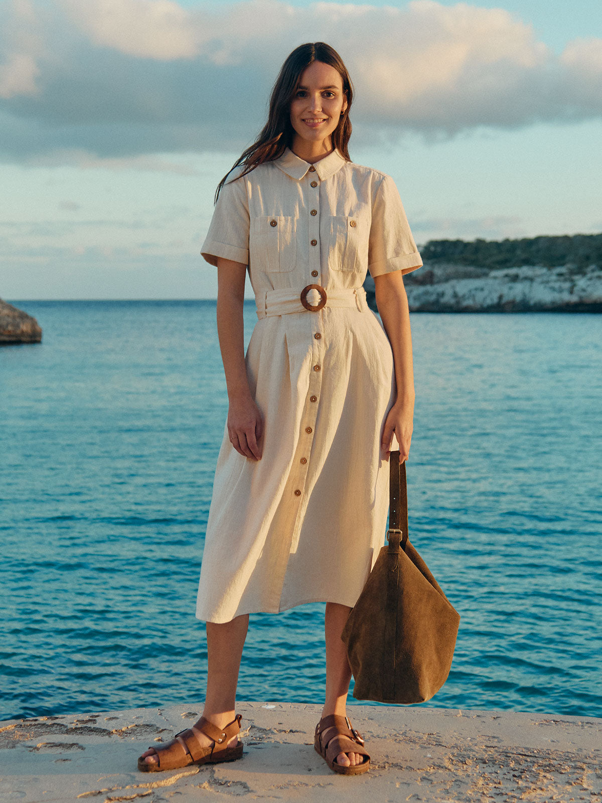 Celtic & Co. Women's Cotton Belted Safari Midi Shirt Dress - Undyed Oatmeal