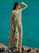 Celtic & Co. Women's Linen Blend Sleeveless V-Neck Maxi Swing Dress - Palm Print