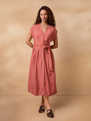 Linen Blend Pleated Waist Midi Dress
