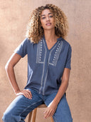 Embroidered Notch Neck Jersey Top