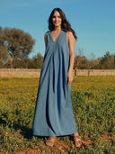 Linen Blend Sleeveless V-Neck Maxi Swing Dress